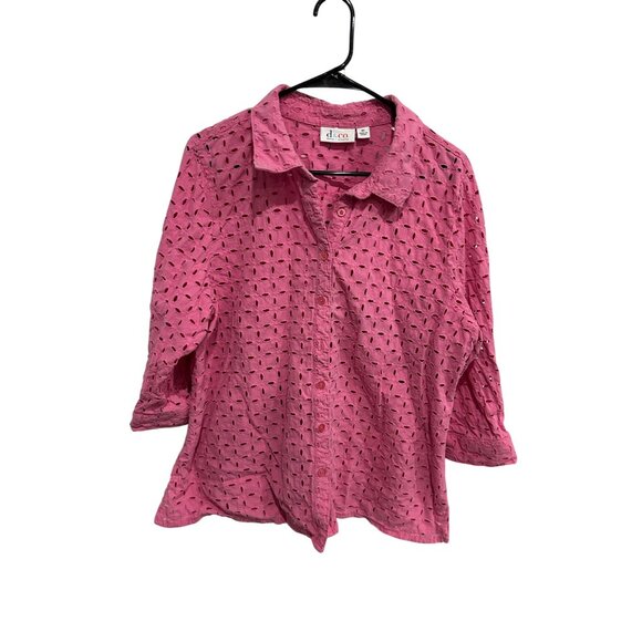 Denim & Co. Eyelet Button Front Shirt Pink Sz XL 3/4 Sleeve Embroidered Business - Picture 1 of 9